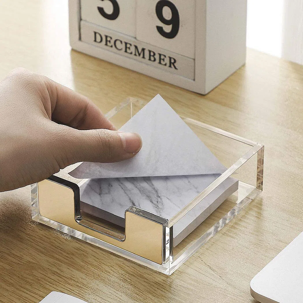 Soporte de notas adhesivas de acrílico transparente, dispensador de notas adhesivas, caja de soporte para bloc de notas, dispensador de tarjetas de visita, papelería para oficina, dorado