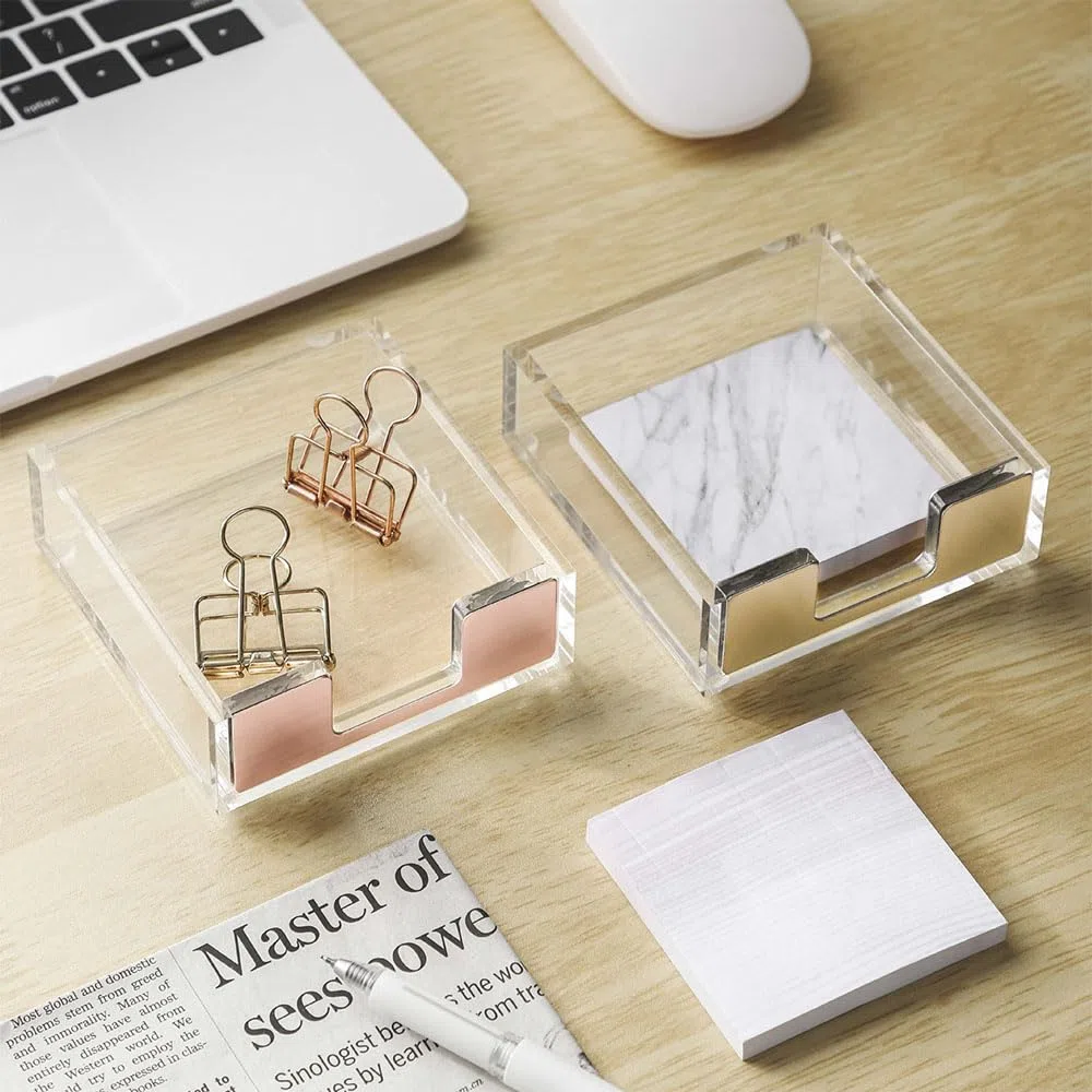 Soporte para notas adhesivas, acrílico transparente, dispensador de bloc de notas, organizador de escritorio para oficina en casa, 10 x 9,5 x 3 cm [dorado]