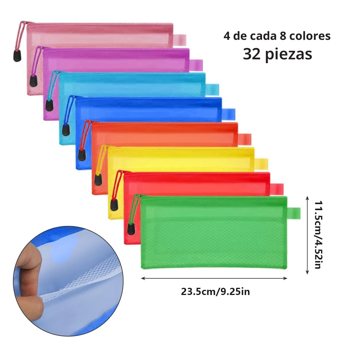 FOCCTS Juego de 32 estuches impermeables de PVC para lápices A6 (23,5 x 11,5 cm) - Multicolor, bolsas de archivos de doble capa con cremallera para oficina, escuela, viajes y cosméticos