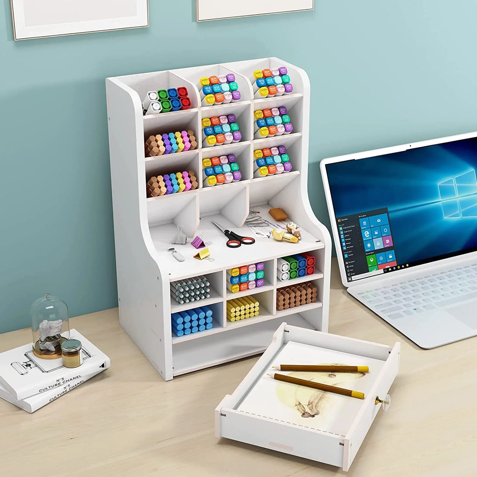 Mnkyer Organizador de Escritorio de Madera Papelería Multifuncional Caja de Soporte de Bolígrafo para Oficina en Casa Rack de Almacenamiento de útiles Escolares con Cajón Blanco-b16