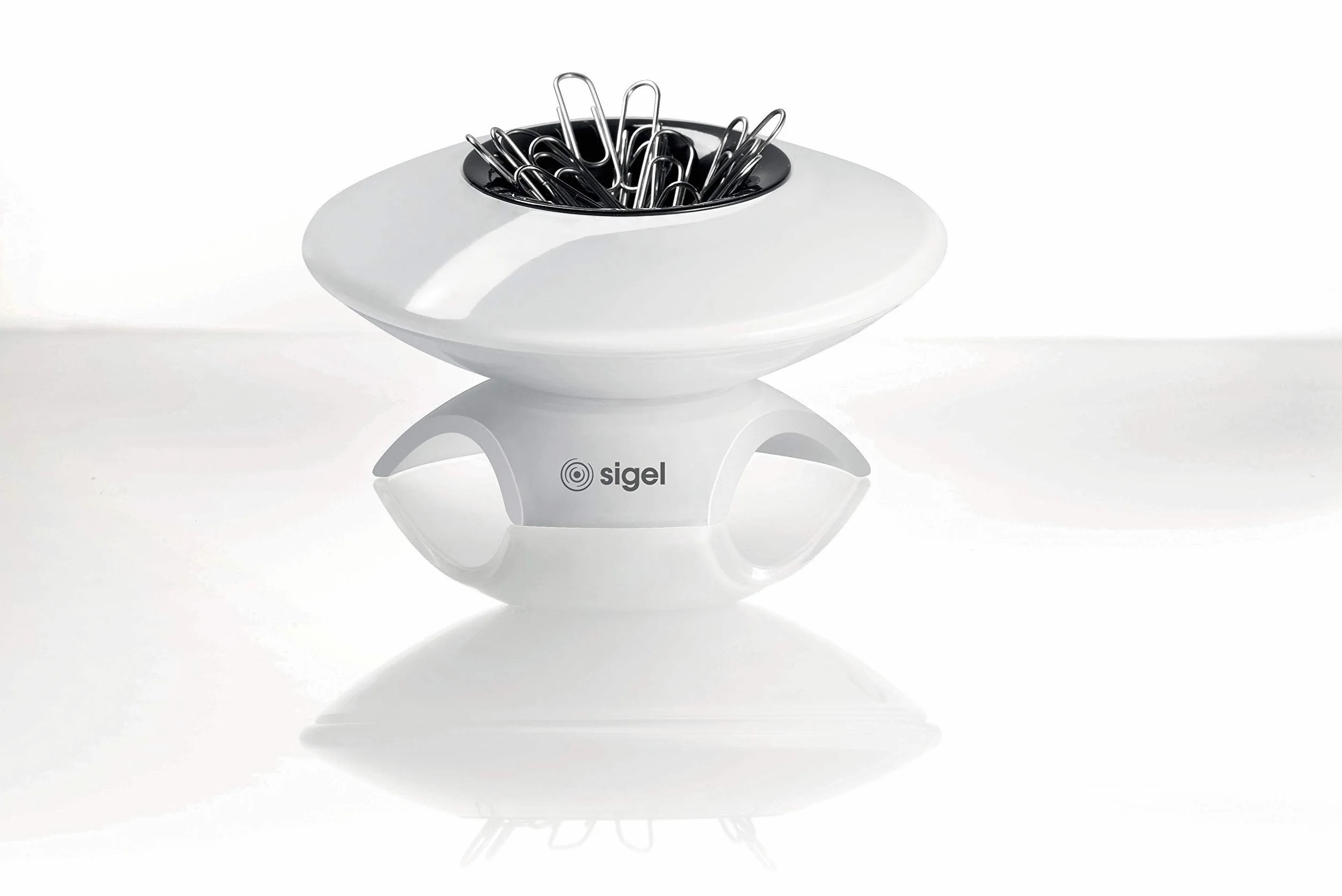 SIGEL SA101 Dispensador de clips de oficina Eyestyle white, blanco/negro, con un magneto central, incluye 50 clips de oficina, 95x55x95 mm