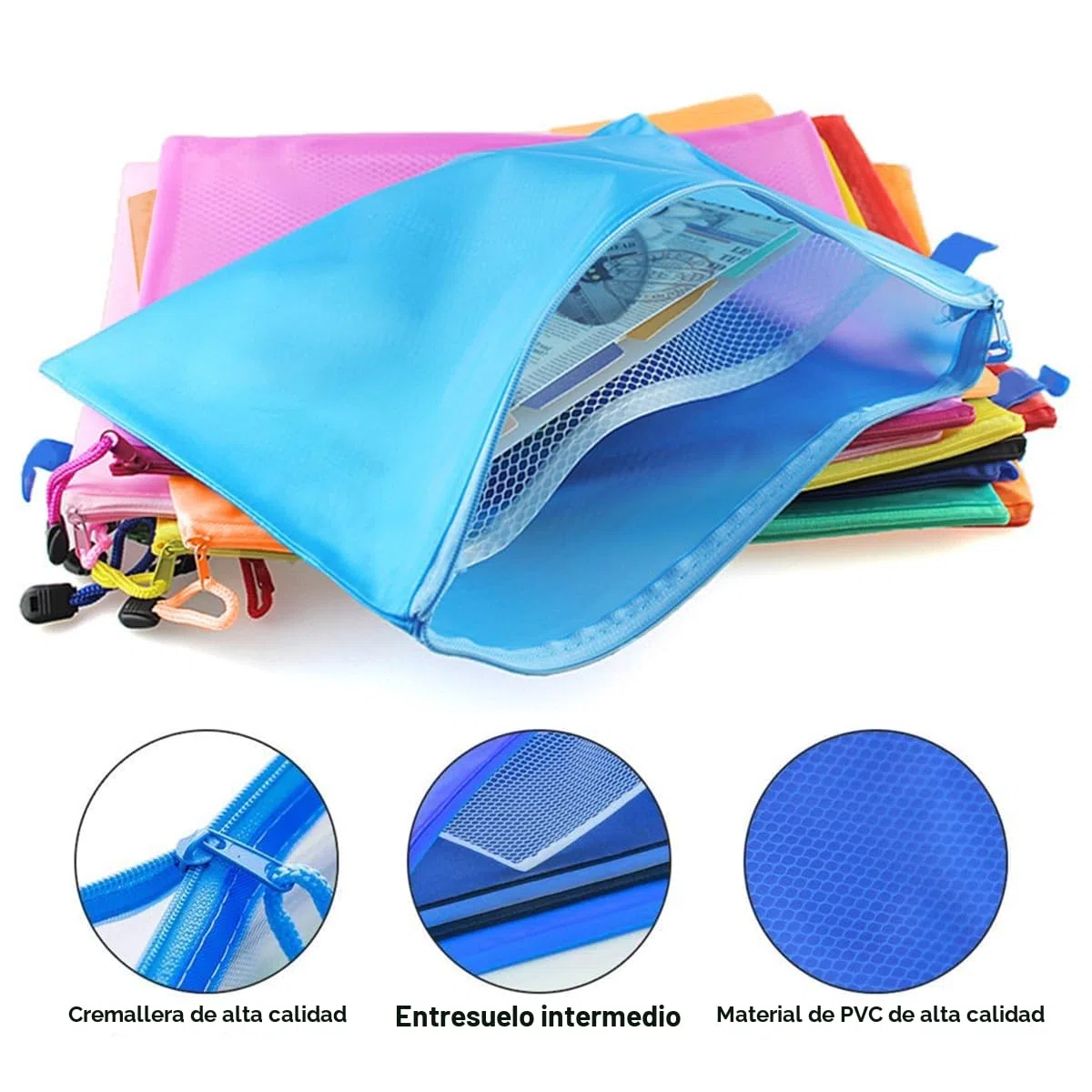 FOCCTS Juego de 32 estuches impermeables de PVC para lápices A6 (23,5 x 11,5 cm) - Multicolor, bolsas de archivos de doble capa con cremallera para oficina, escuela, viajes y cosméticos