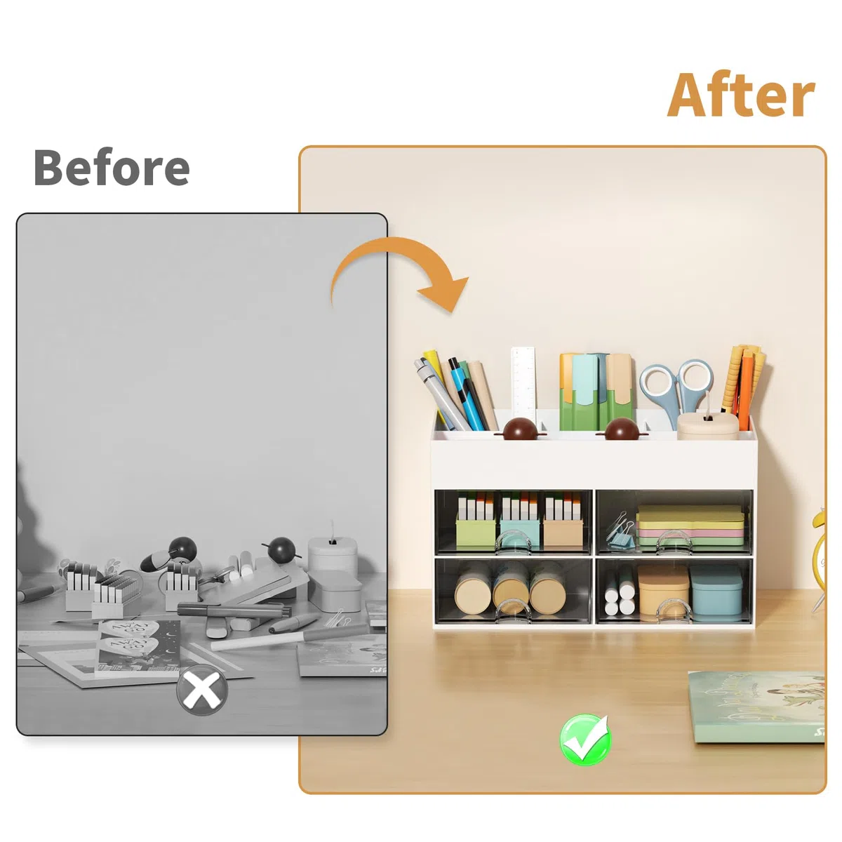 Marbrasse Organizador de Escritorio con Cajones,Portabolígrafos Multifuncional de Escritorio con Compartimentos,Cajones,Organizador de Oficina Escritorio y Accesorios(Blanco)