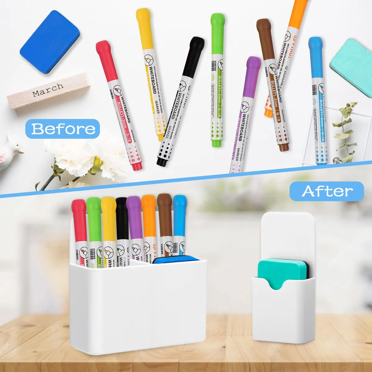 Shinybox 12 Accesorios para Pizarra blanco, 2 Piezas Soporte Magnético para Bolígrafos con Esponja, 8 Rotuladores de Pizarra blanco, Portalápices Magnético para Escuela, Oficina