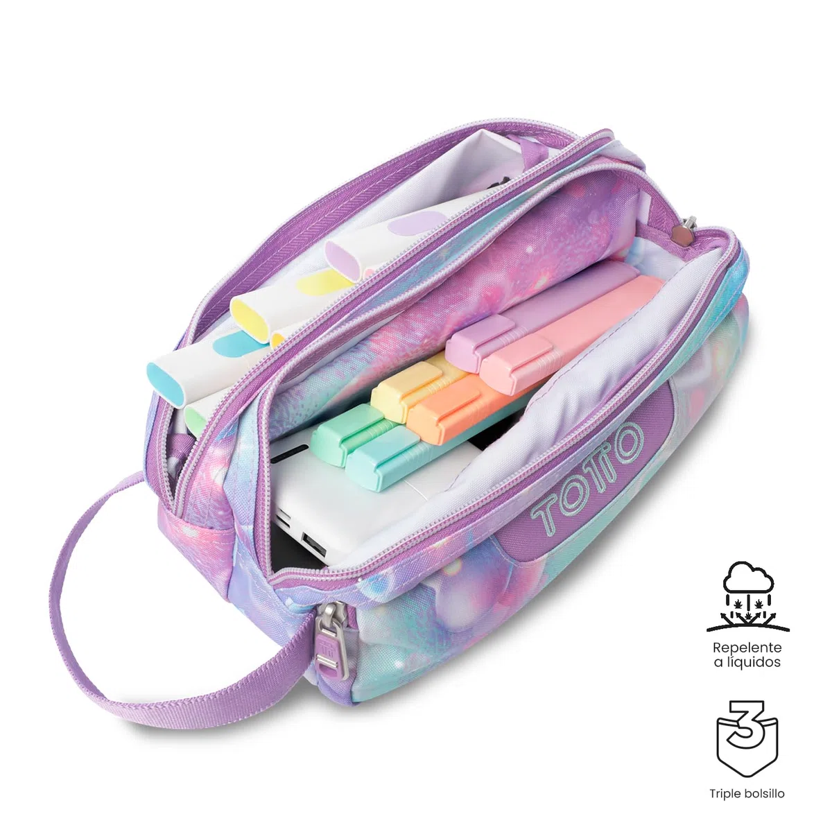 TOTTO - Estuche Escolar 3 Compartimentos, Modelo Agapec, Estuche Grande, Dimensiones 23 x 11.5 x 10.5 cm, Asa Lateral, Tiradores Ergonómicos con PVC, Tejido Resistente, Estampado Korina