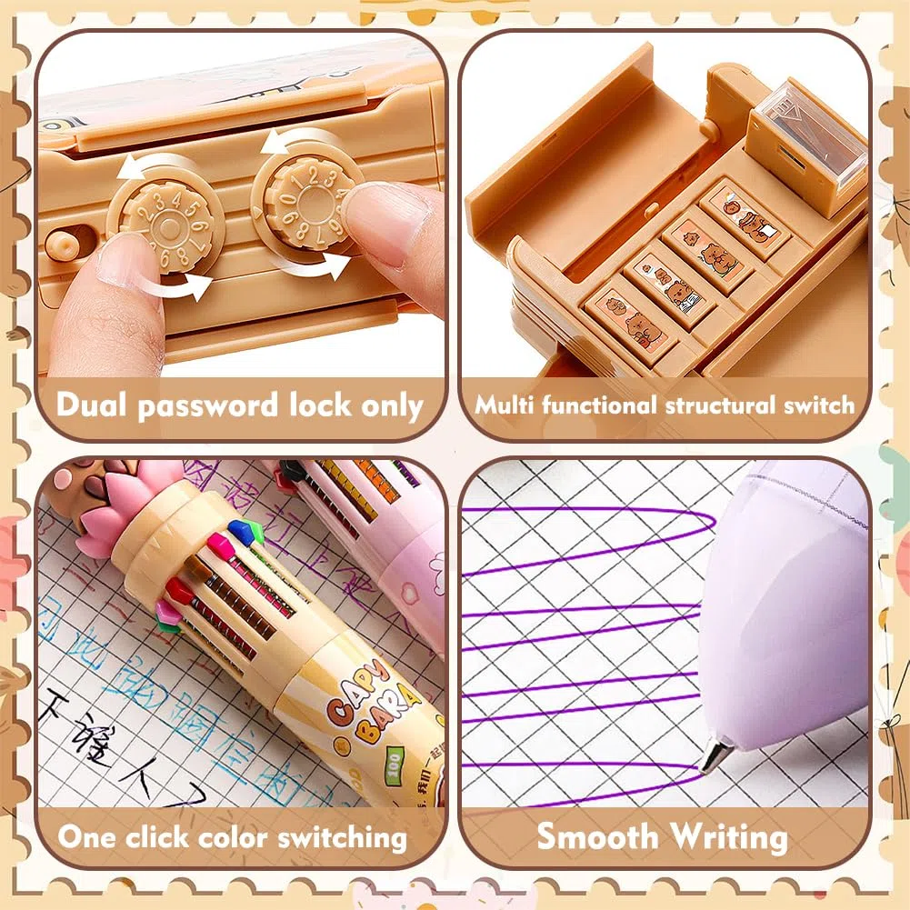 Pop Up Estuche Capybara Multifuncional con Pen Multicolor, Estuche para lápices con Cerradura de combinación, capibara Caja de papelería Organizador de Artículos de Papelería para Niñas y Niños