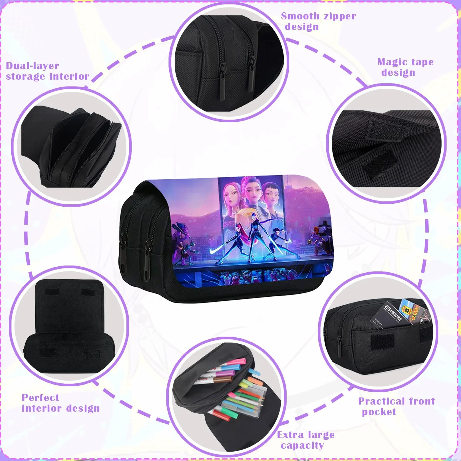 Merch de K-p-o-p De-mo-n Hu-nt-r estuche para niñas y adolescentes, Estuche para lápices de gran capacidad y tres compartimentos, Estudiantes, Escuela, Oficina, Caja de almacenamiento de maquillaje