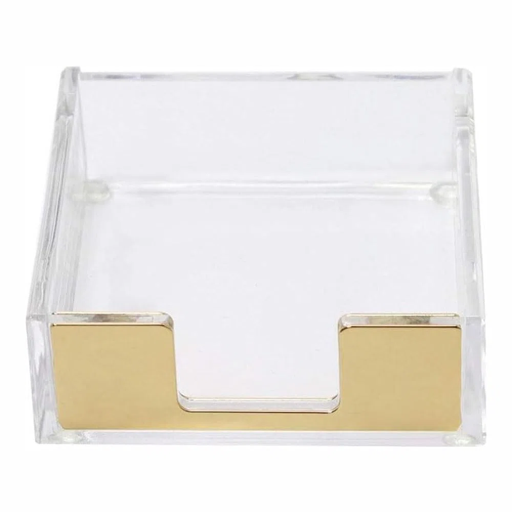Soporte para notas adhesivas, acrílico transparente, dispensador de bloc de notas, organizador de escritorio para oficina en casa, 10 x 9,5 x 3 cm [dorado]