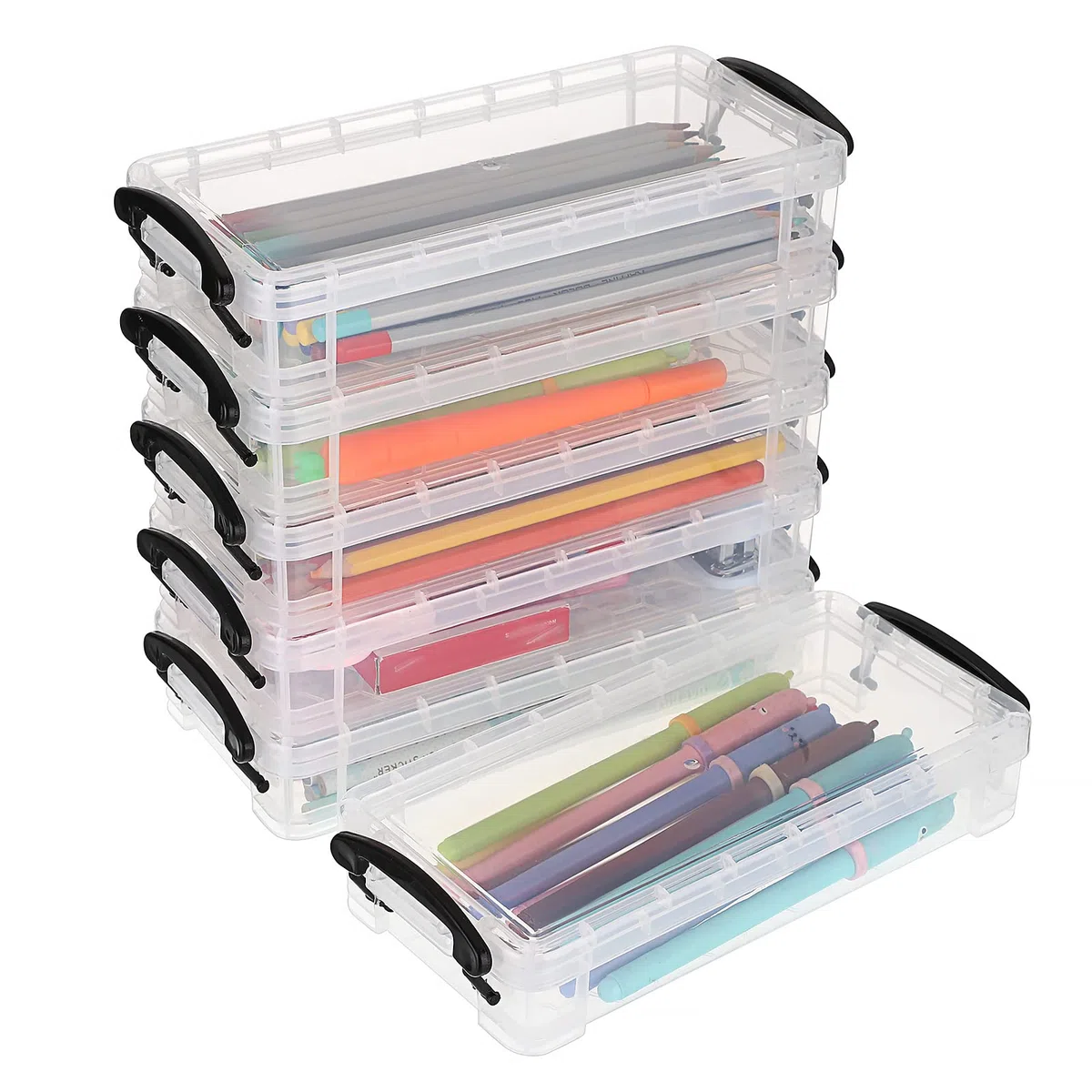 BTSKY Caja de lápices transparente apilable de 6 unidades - Organizadora de almacenamiento de suministros de oficina, contenedor para lápices de pintura y pinceles