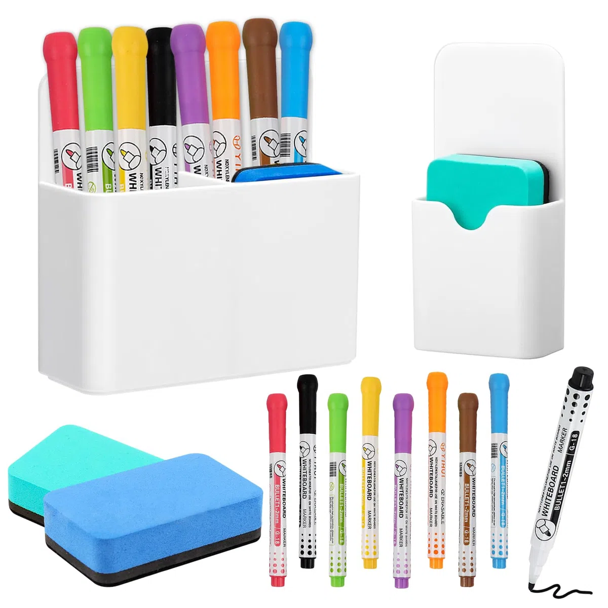 Shinybox 12 Accesorios para Pizarra blanco, 2 Piezas Soporte Magnético para Bolígrafos con Esponja, 8 Rotuladores de Pizarra blanco, Portalápices Magnético para Escuela, Oficina