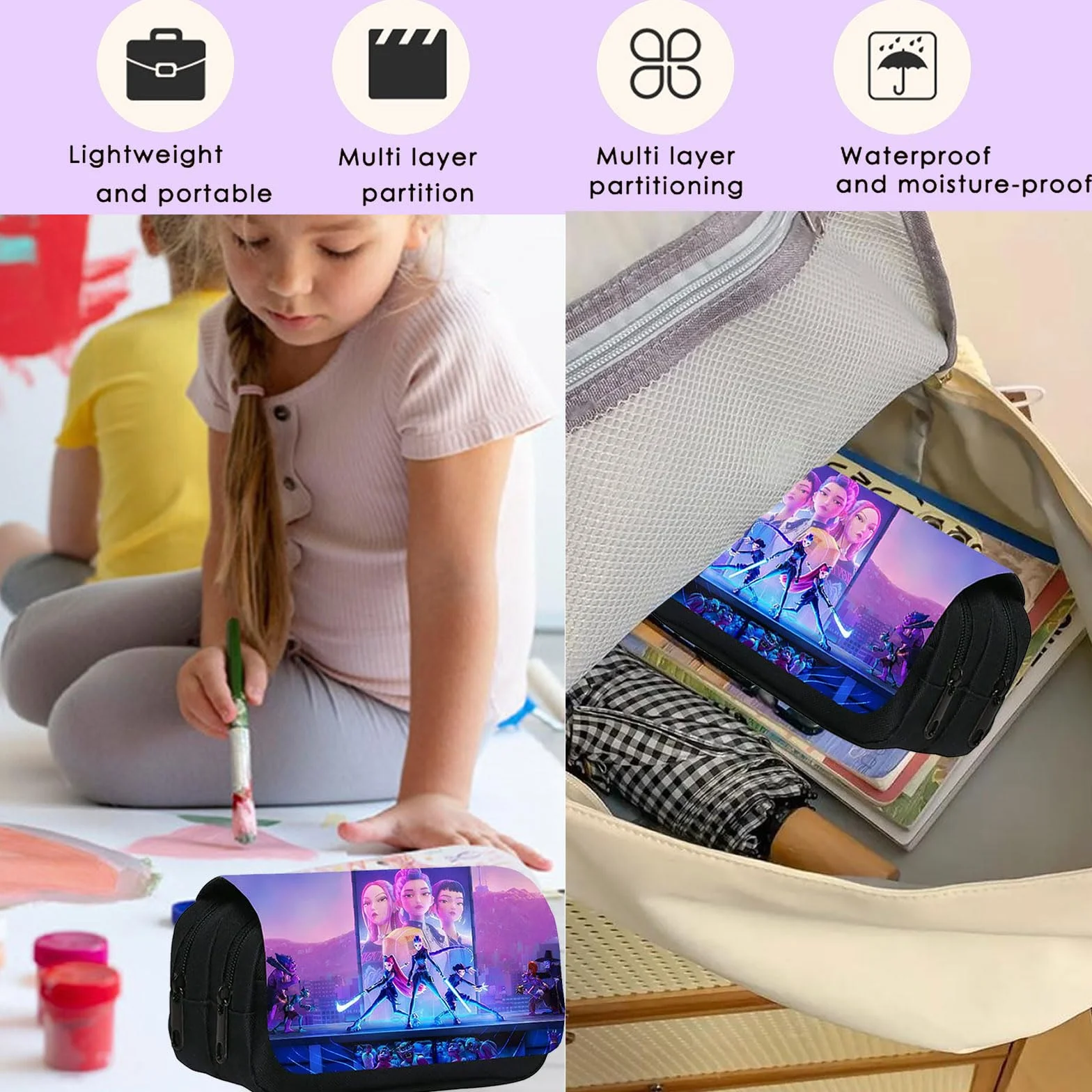 Merch de K-p-o-p De-mo-n Hu-nt-r estuche para niñas y adolescentes, Estuche para lápices de gran capacidad y tres compartimentos, Estudiantes, Escuela, Oficina, Caja de almacenamiento de maquillaje
