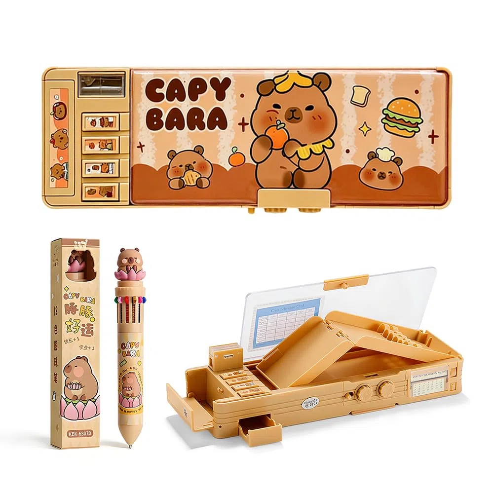 Pop Up Estuche Capybara Multifuncional con Pen Multicolor, Estuche para lápices con Cerradura de combinación, capibara Caja de papelería Organizador de Artículos de Papelería para Niñas y Niños