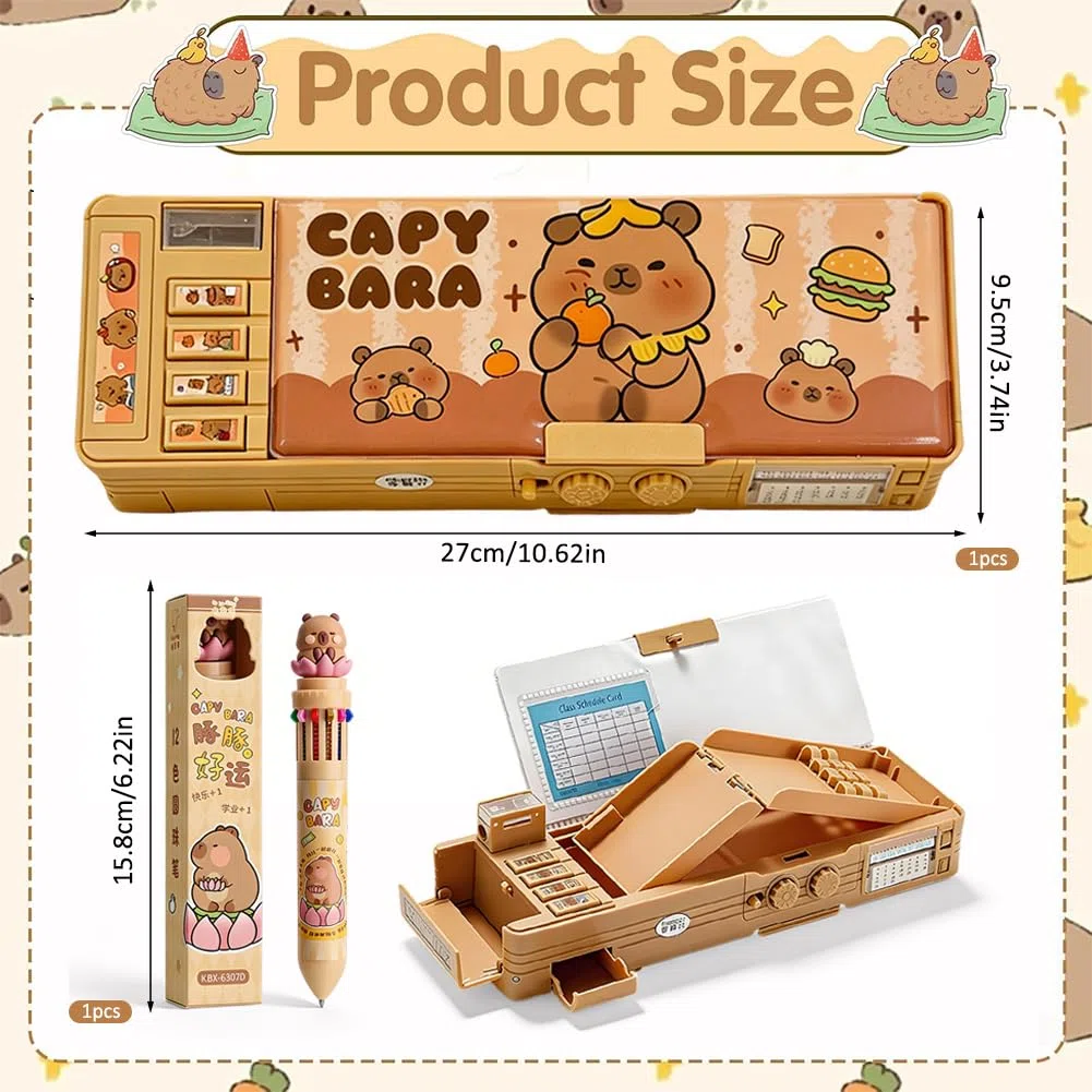 Pop Up Estuche Capybara Multifuncional con Pen Multicolor, Estuche para lápices con Cerradura de combinación, capibara Caja de papelería Organizador de Artículos de Papelería para Niñas y Niños