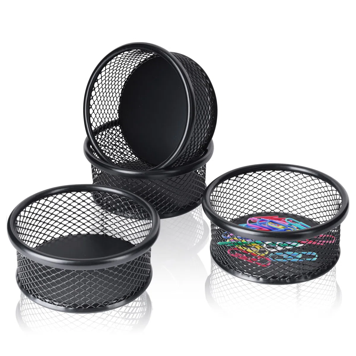 4 Piezas Porta Clips Malla Negra para Almacenamiento de Escritorio, Organizador de Clips Metálicos Apilable Redondo, Soporte de Clip de Malla de Alambre para Oficinas y Hogar