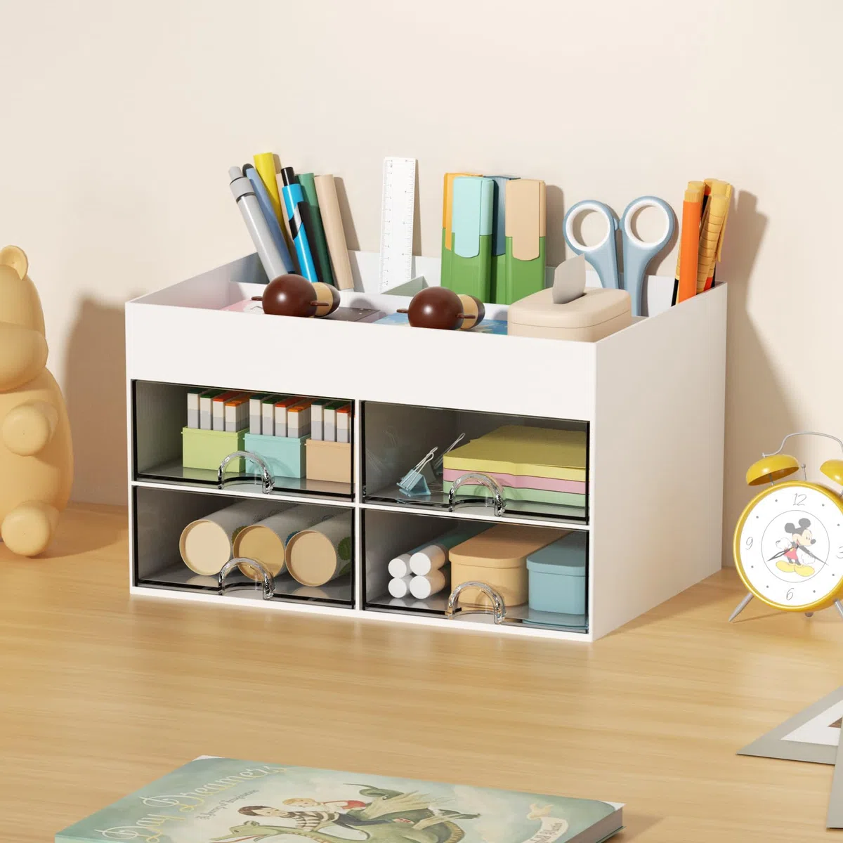 Marbrasse Organizador de Escritorio con Cajones,Portabolígrafos Multifuncional de Escritorio con Compartimentos,Cajones,Organizador de Oficina Escritorio y Accesorios(Blanco)