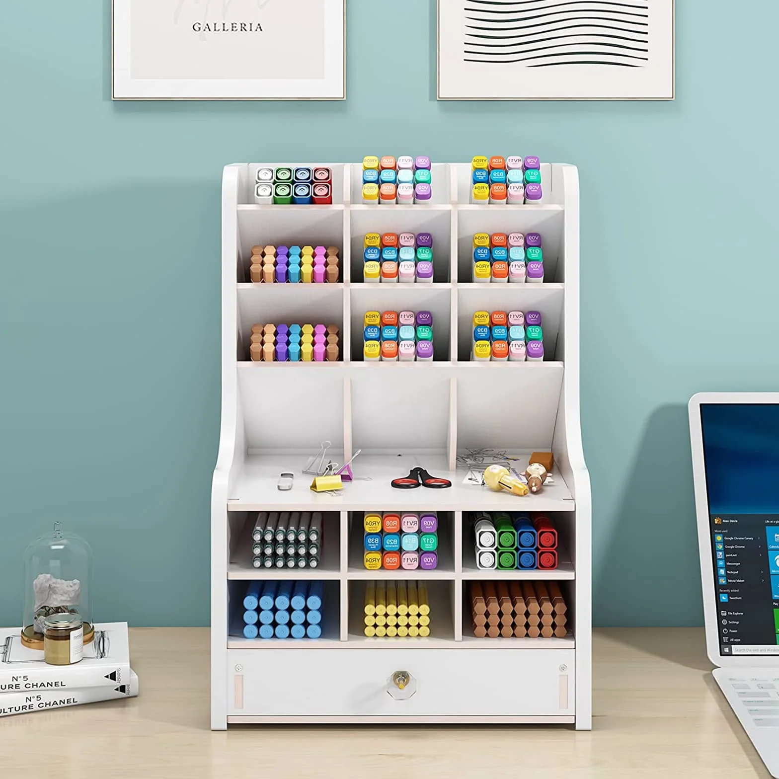Mnkyer Organizador de Escritorio de Madera Papelería Multifuncional Caja de Soporte de Bolígrafo para Oficina en Casa Rack de Almacenamiento de útiles Escolares con Cajón Blanco-b16