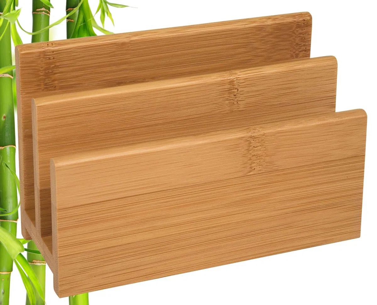 Wedo 61307 Soporte de carta de bambú, 2 compartimentos, dimensiones 14 x 6.2 x 9 cm, en una caja de regalo, marrón