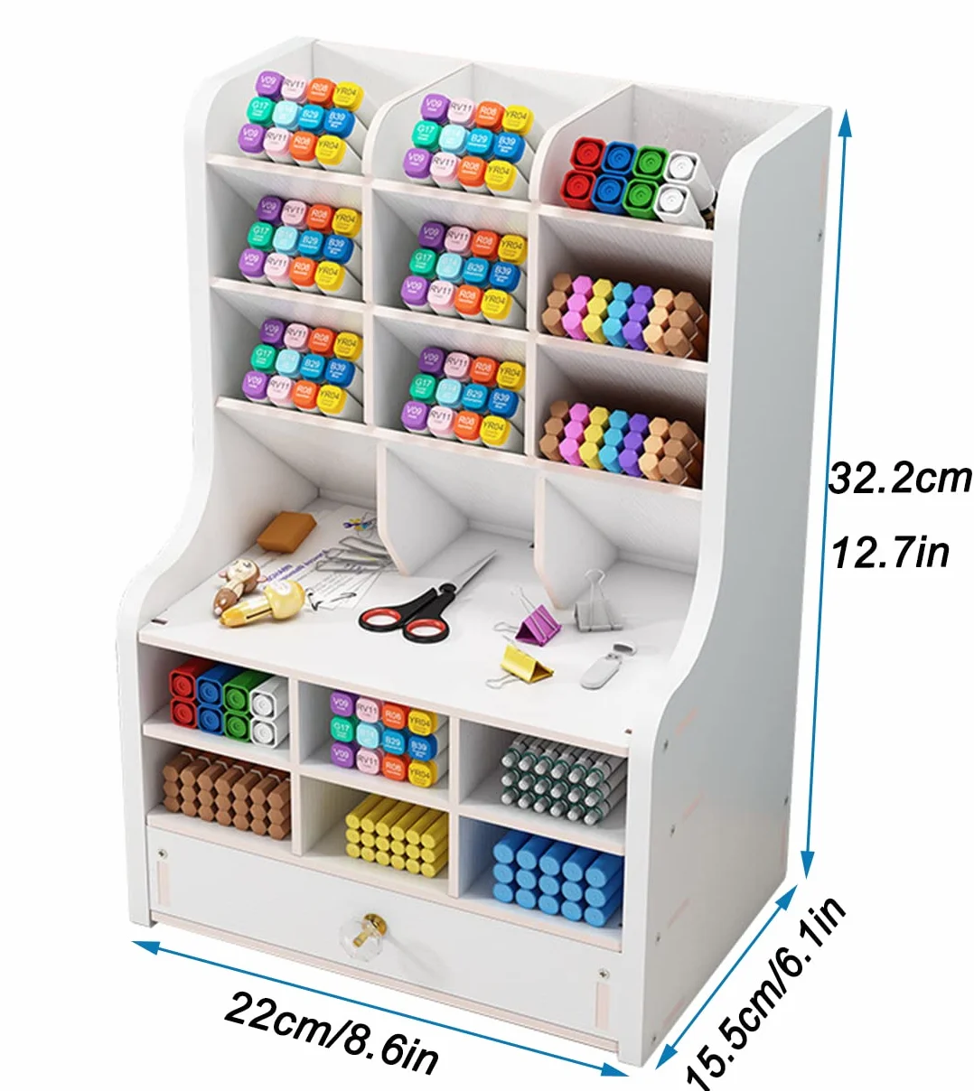 Mnkyer Organizador de Escritorio de Madera Papelería Multifuncional Caja de Soporte de Bolígrafo para Oficina en Casa Rack de Almacenamiento de útiles Escolares con Cajón Blanco-b16
