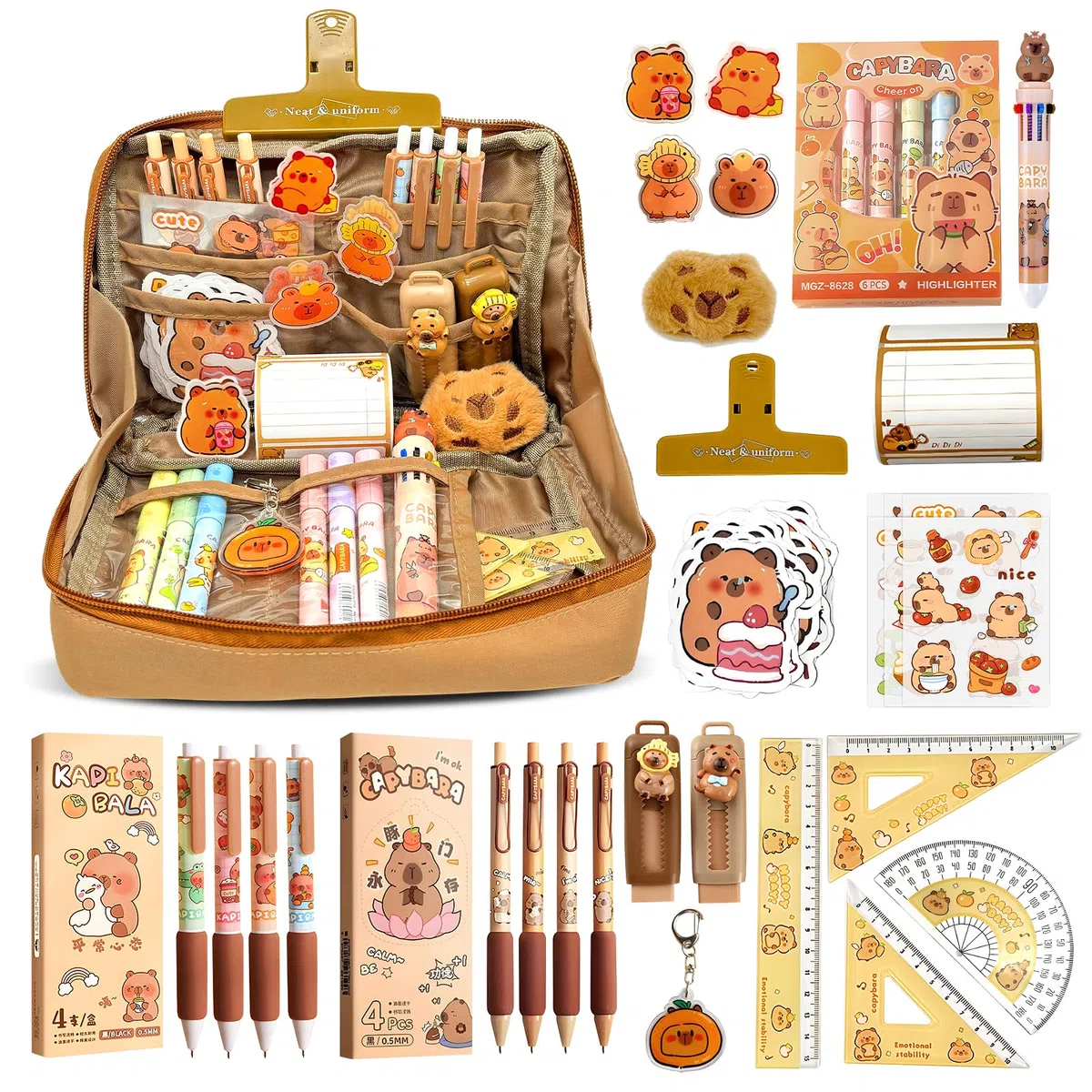 Pardofelis 66 piezas Capybara Papelería Set Lindo Capybara Estuche de Regalo para Niños y Estudiantes, Estuche Capybara con Lápices Goma de Borrar Pegatinas Clips Reglas para Escuela Oficina