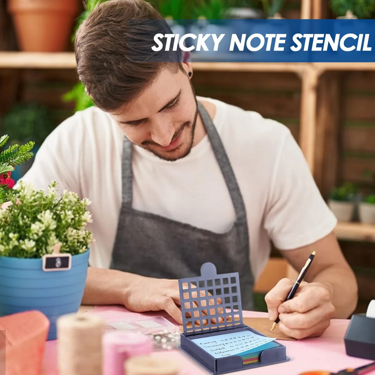 Sticky Note Stencil Template, Sticky Pads Base with Stencil, Compact Desktop Organizer for 3x3 inch Memo Pad, Easy Access Stationery Storage 7,6x7,6x9,2 cm/2,99x2,99x3,62 pulgadas