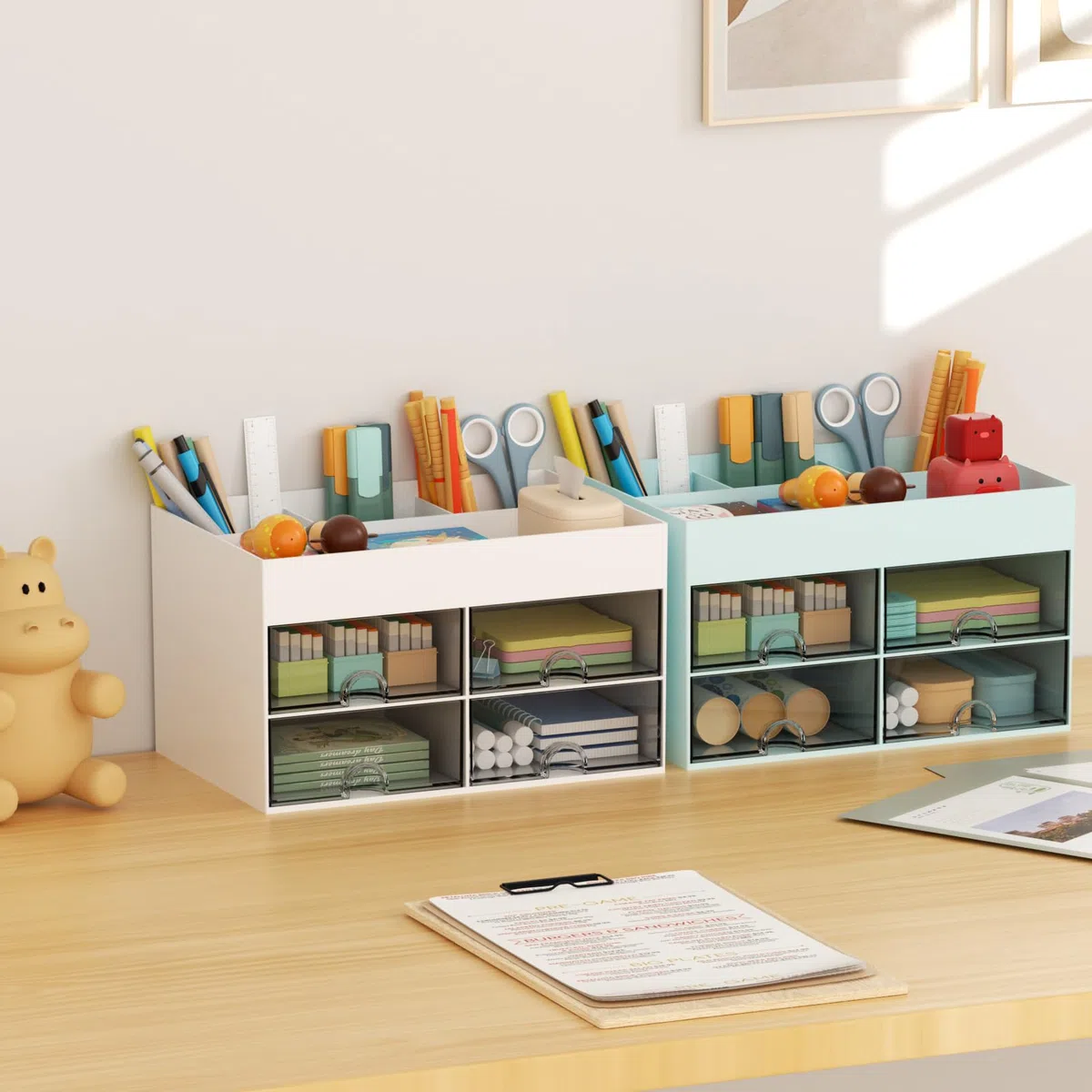 Marbrasse Organizador de Escritorio con Cajones,Portabolígrafos Multifuncional de Escritorio con Compartimentos,Cajones,Organizador de Oficina Escritorio y Accesorios(Blanco)