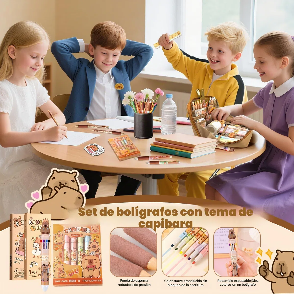 Pardofelis 66 piezas Capybara Papelería Set Lindo Capybara Estuche de Regalo para Niños y Estudiantes, Estuche Capybara con Lápices Goma de Borrar Pegatinas Clips Reglas para Escuela Oficina