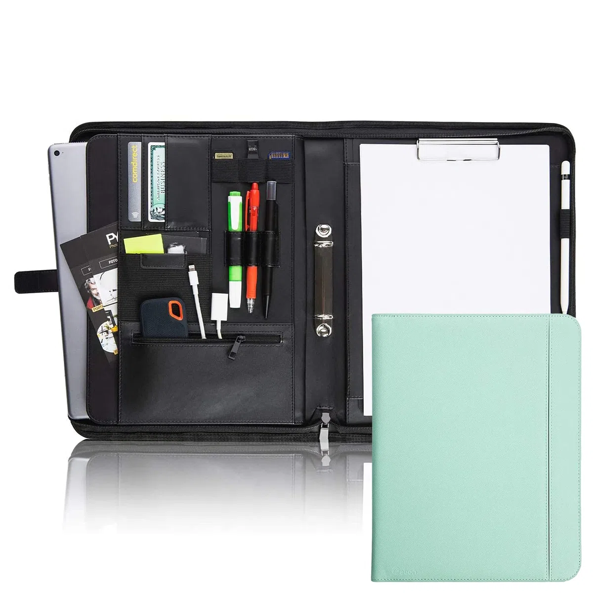 Vebon® Carpeta de anillas A4 "París", cremallera + portapapeles I Carpeta para documentos + bolsa para ordenador portátil I espacio extra I piel sintética, Azul caribe.