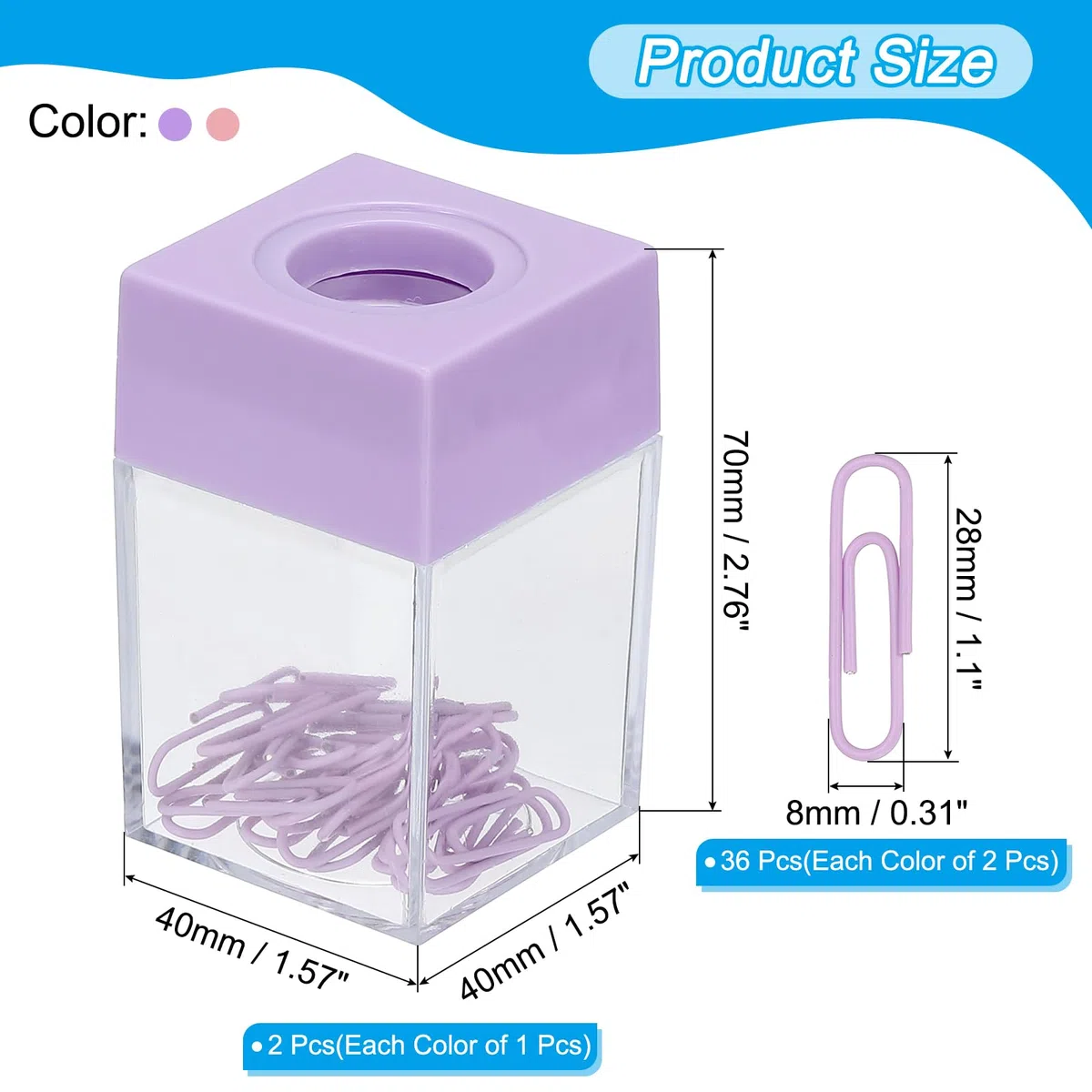 PATIKIL Portaclip Magnético para Clips de Papel, 2 Unidades Organizadores de Clips de Papel de Gran Capacidad con Tapa Magnética para Suministros de Escritorio, Oficina, Aula, Morado, Rosa