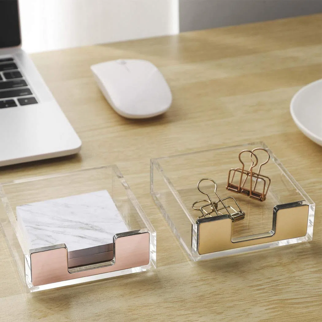 Soporte de notas adhesivas de acrílico transparente, dispensador de notas adhesivas, caja de soporte para bloc de notas, dispensador de tarjetas de visita, papelería para oficina, dorado