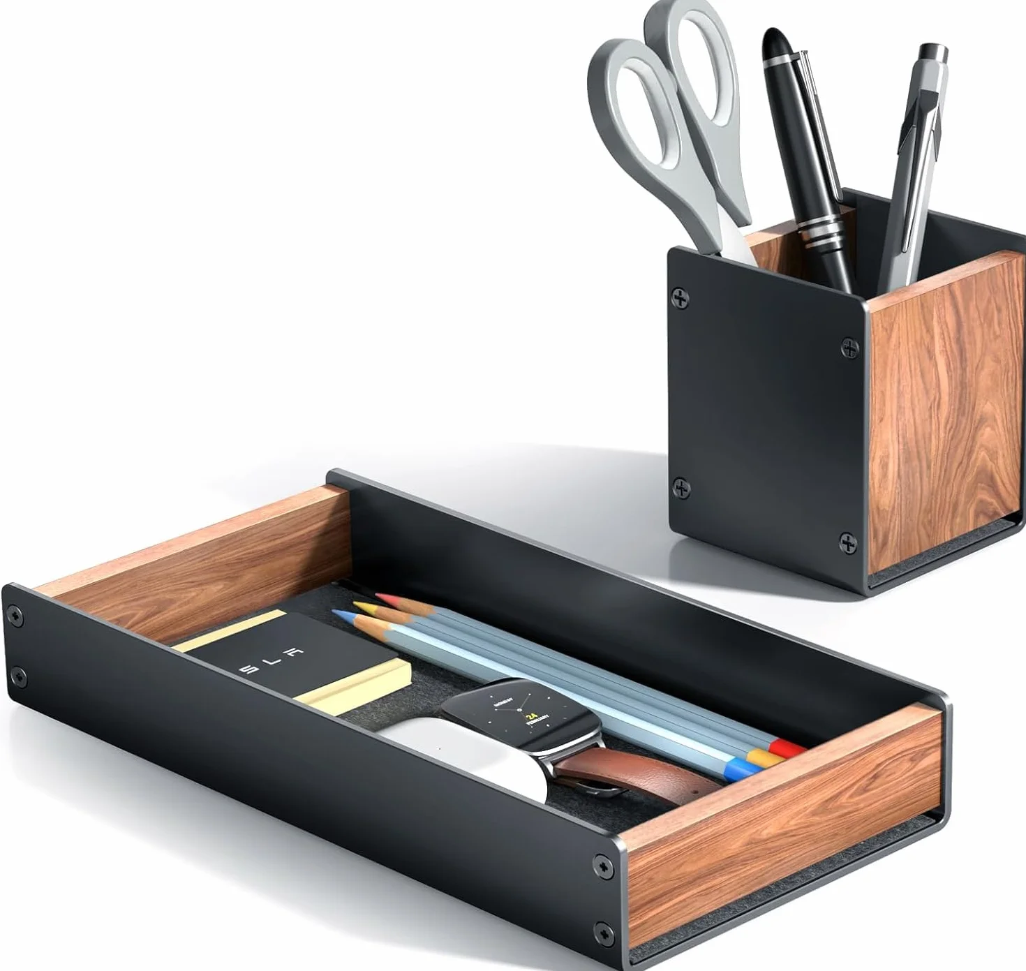Bandeja de escritorio de madera de nogal con juego de portalápices, bandeja organizadora de oficina de madera natural y aluminio para llaves, bolígrafo, watch