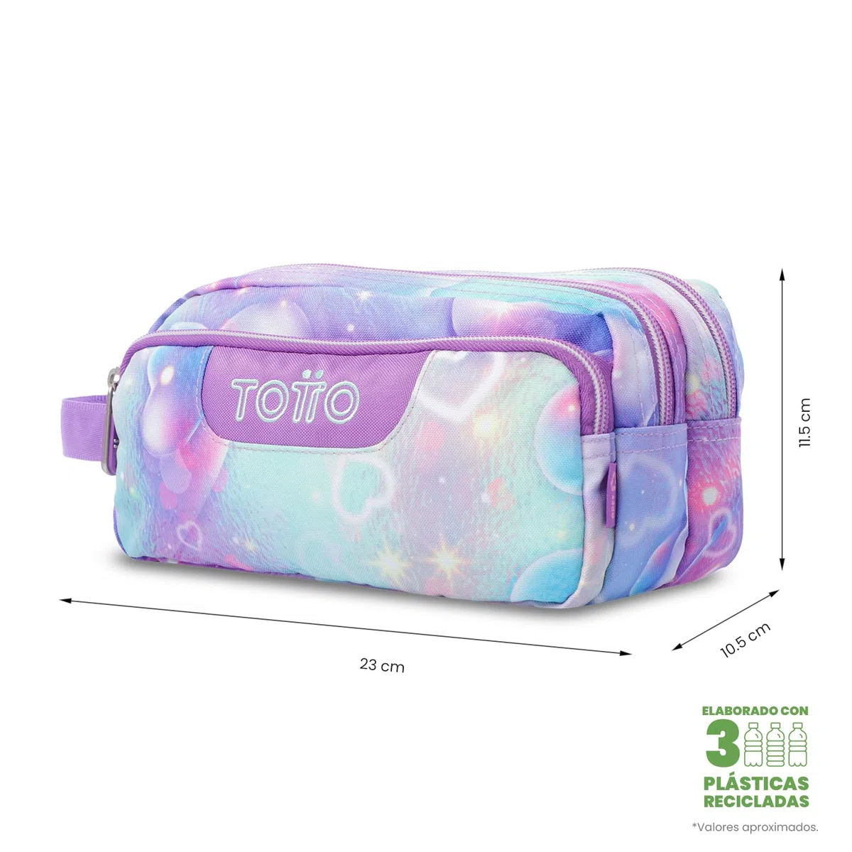 TOTTO - Estuche Escolar 3 Compartimentos, Modelo Agapec, Estuche Grande, Dimensiones 23 x 11.5 x 10.5 cm, Asa Lateral, Tiradores Ergonómicos con PVC, Tejido Resistente, Estampado Korina