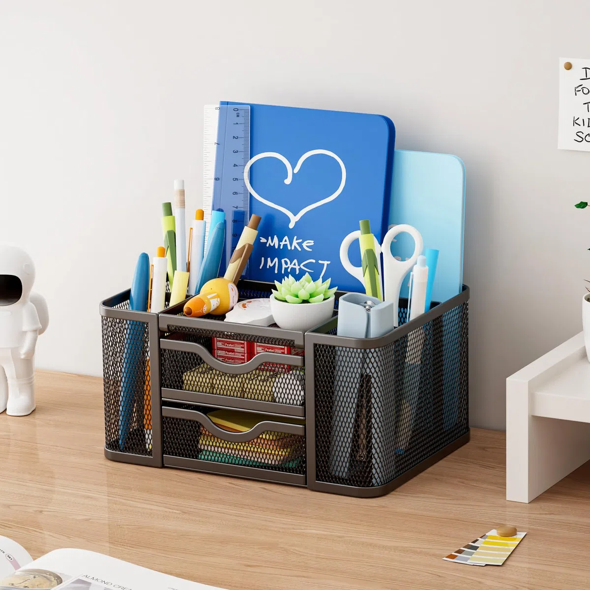 Marbrasse Organizador Escritorio Malla,Organizador Rotuladores con 2 Cajones,Accesorios Escritorio con 5 Compartimentos Cajón,para Material de Oficina Casa(Negro)
