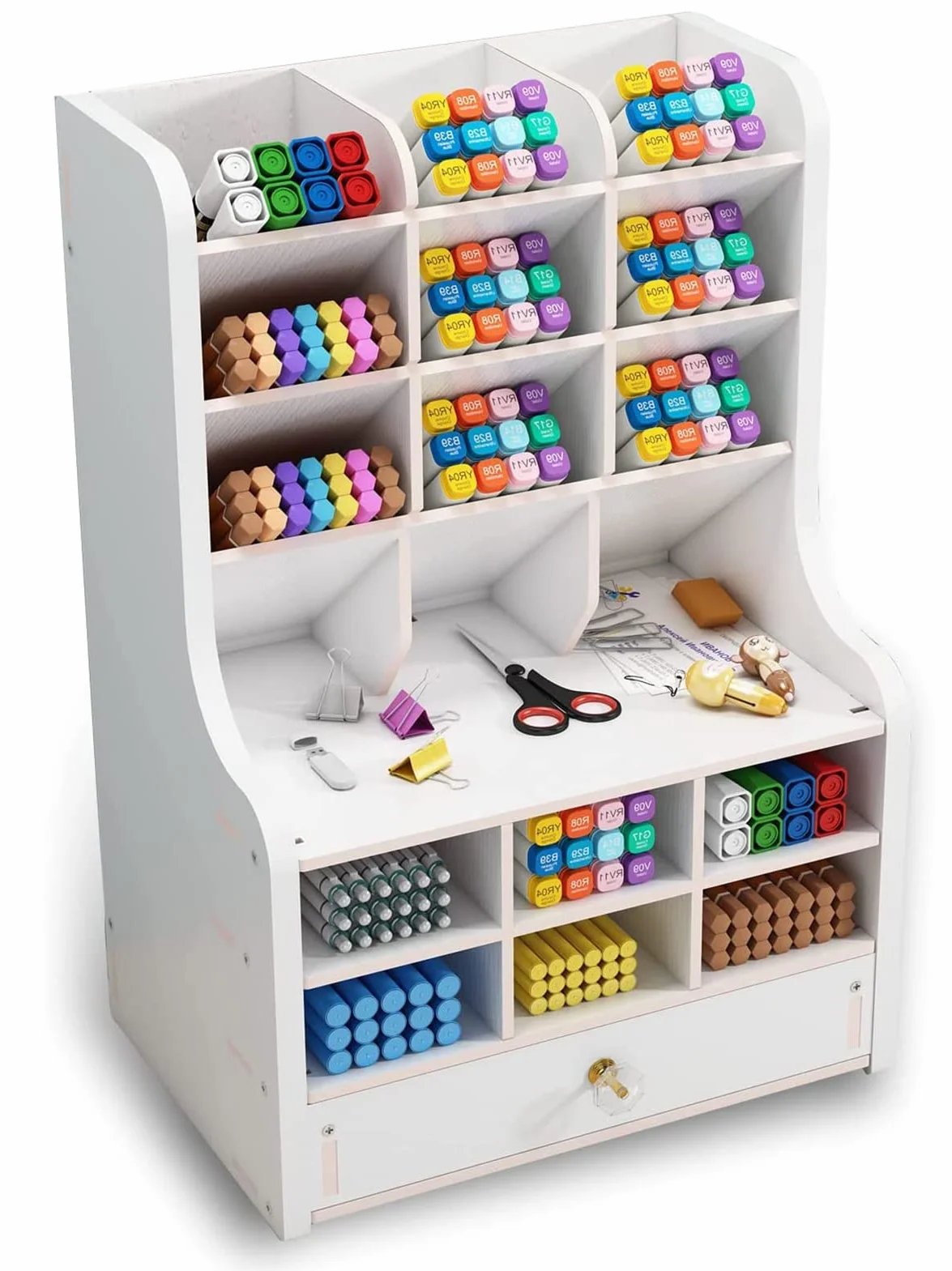 Mnkyer Organizador de Escritorio de Madera Papelería Multifuncional Caja de Soporte de Bolígrafo para Oficina en Casa Rack de Almacenamiento de útiles Escolares con Cajón Blanco-b16