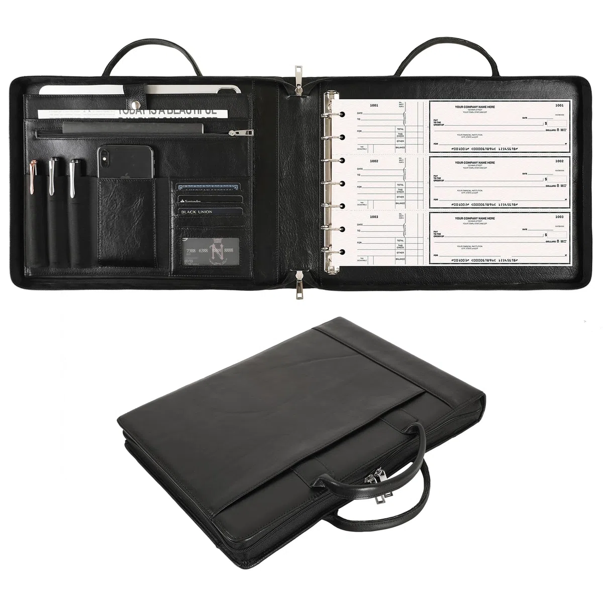 Carpeta de chequera de cuero hecha a mano, carpeta de cheques de 7 anillos con asa, chequeras para cheques de negocios para 3 por página, capacidad para 600 cheques para hojas de 9 x 13 pulgadas