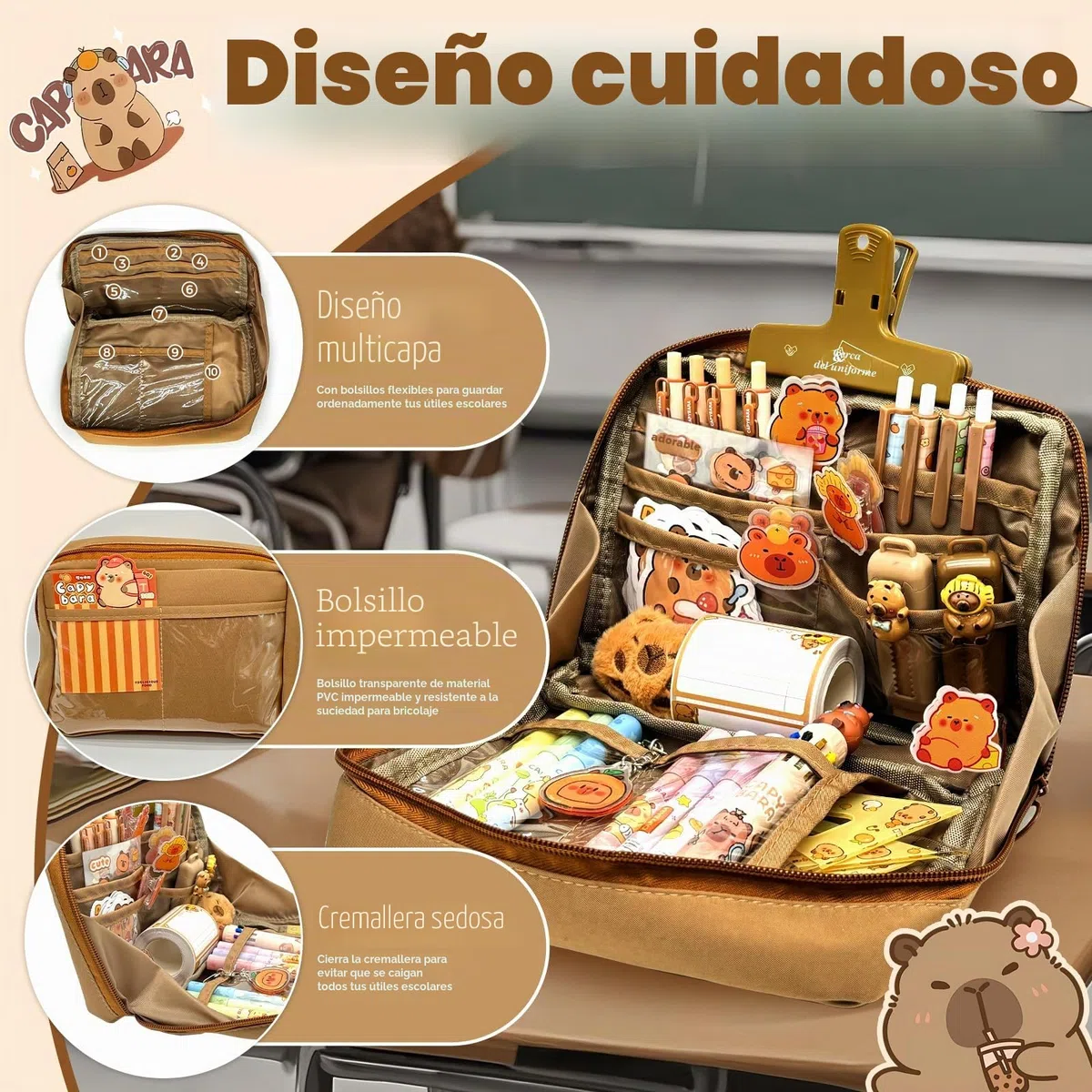 Pardofelis 66 piezas Capybara Papelería Set Lindo Capybara Estuche de Regalo para Niños y Estudiantes, Estuche Capybara con Lápices Goma de Borrar Pegatinas Clips Reglas para Escuela Oficina