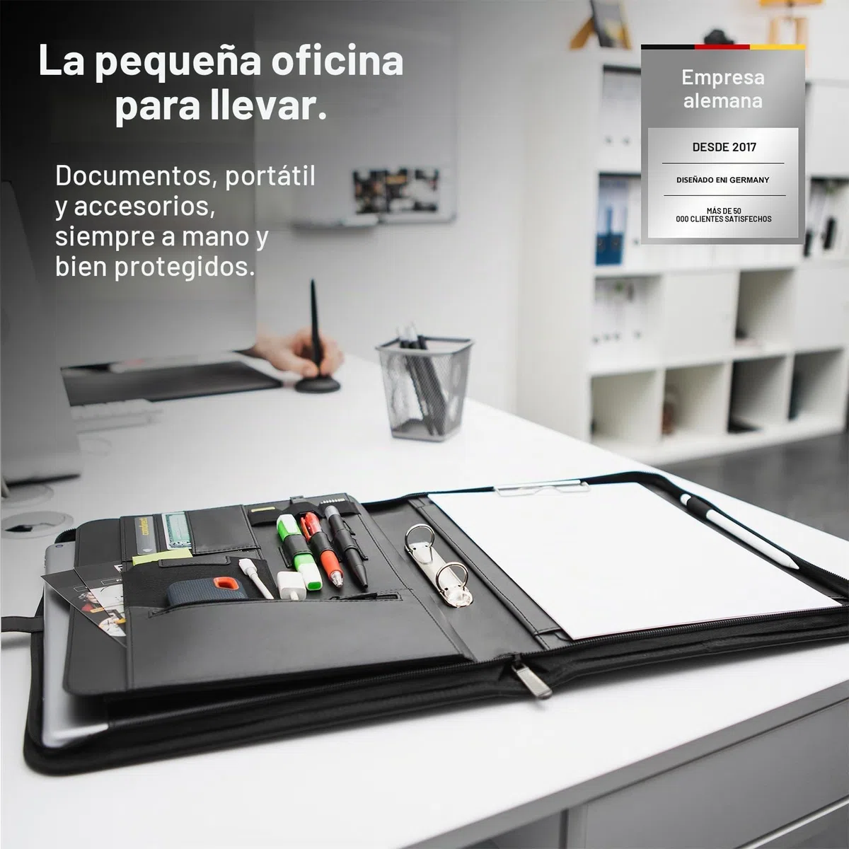 Vebon® Carpeta de anillas A4 "París", cremallera + portapapeles I Carpeta para documentos + bolsa para ordenador portátil I espacio extra I piel sintética, Azul caribe.