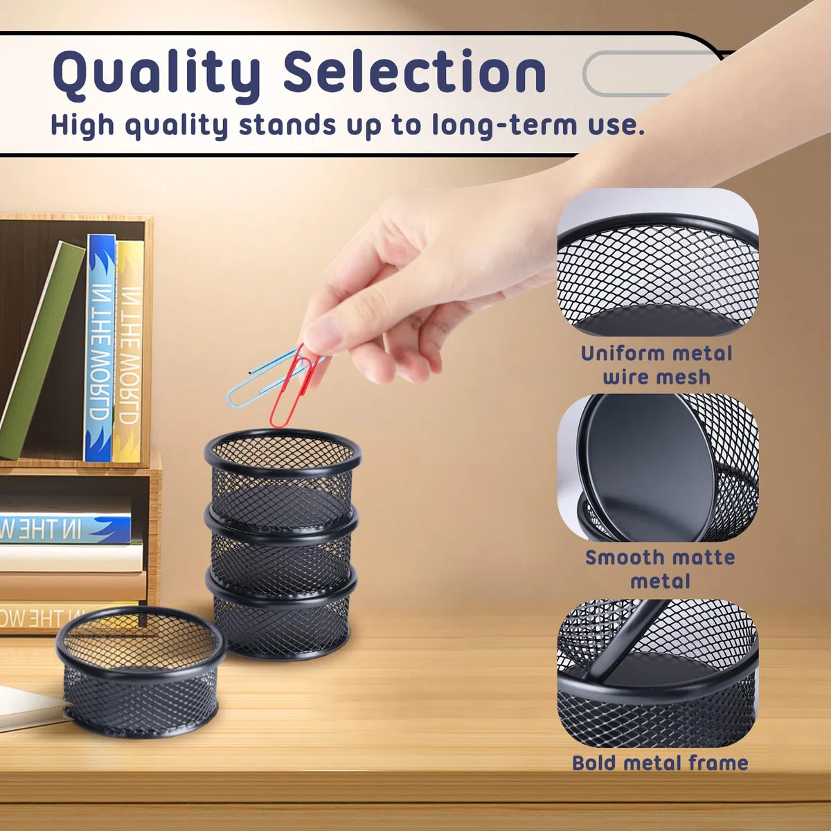 4 Piezas Porta Clips Malla Negra para Almacenamiento de Escritorio, Organizador de Clips Metálicos Apilable Redondo, Soporte de Clip de Malla de Alambre para Oficinas y Hogar