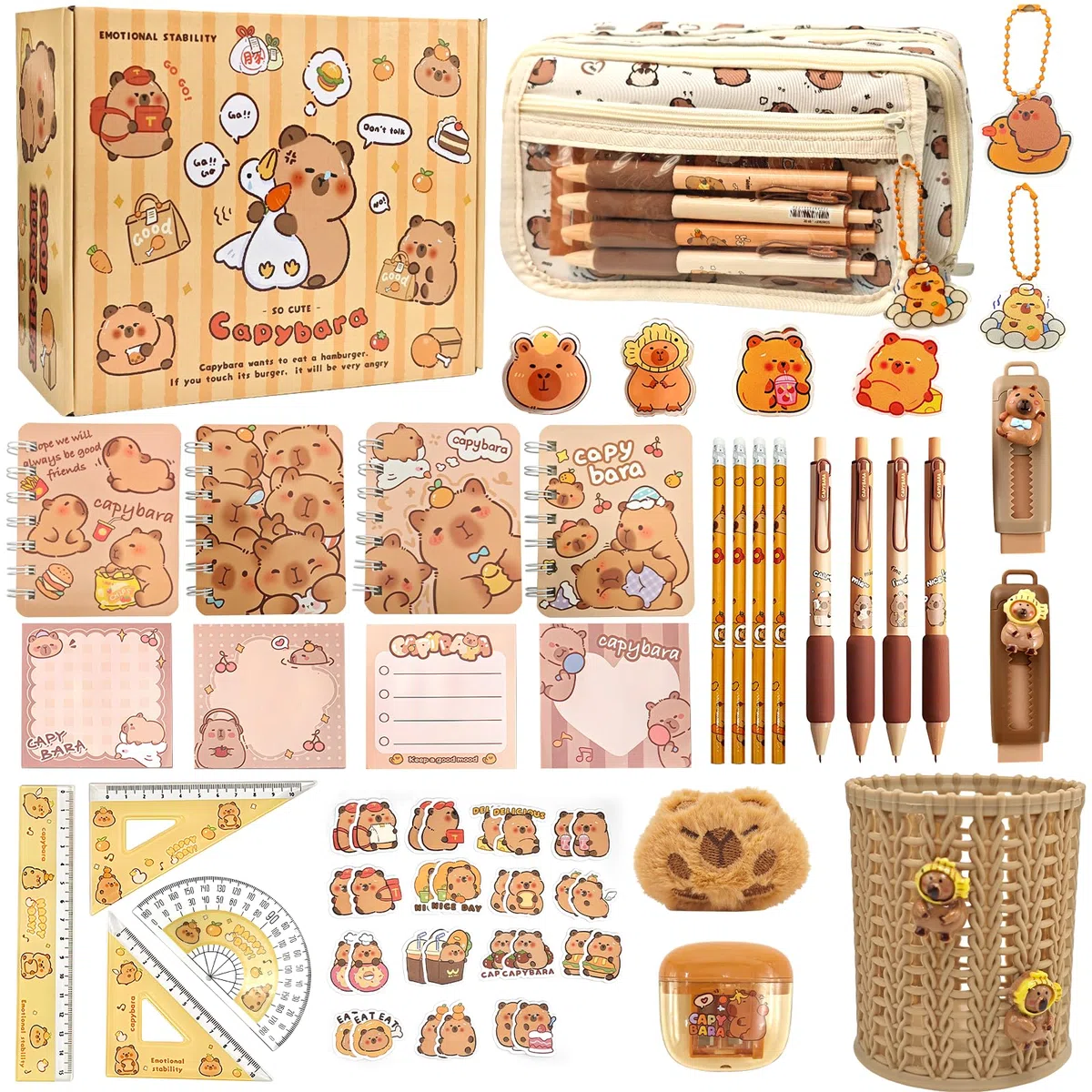 Ronronner 72 piezas Capybara Papelería Set Capybara Estuche Estuche con Soporte de Cesta, Estuche para Lápices, Cuadernos y Papelería - Set de regalo para la escuela, la oficina y el arte para niños y