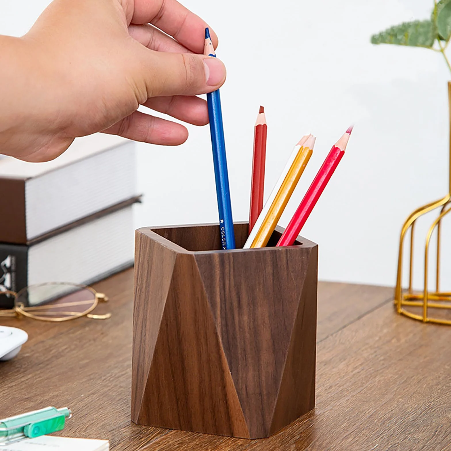 Madera Portalápices, Lápiz Organización, Madera de Nogal Negro, Trabajo Hecho a Mano, para Papelería, Brochas de Maquillaje, Escritorios, Oficinas (Marrón)