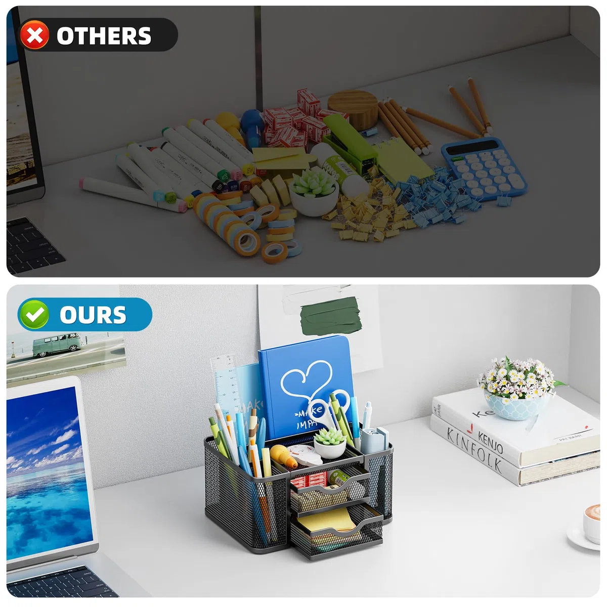Marbrasse Organizador Escritorio Malla,Organizador Rotuladores con 2 Cajones,Accesorios Escritorio con 5 Compartimentos Cajón,para Material de Oficina Casa(Negro)