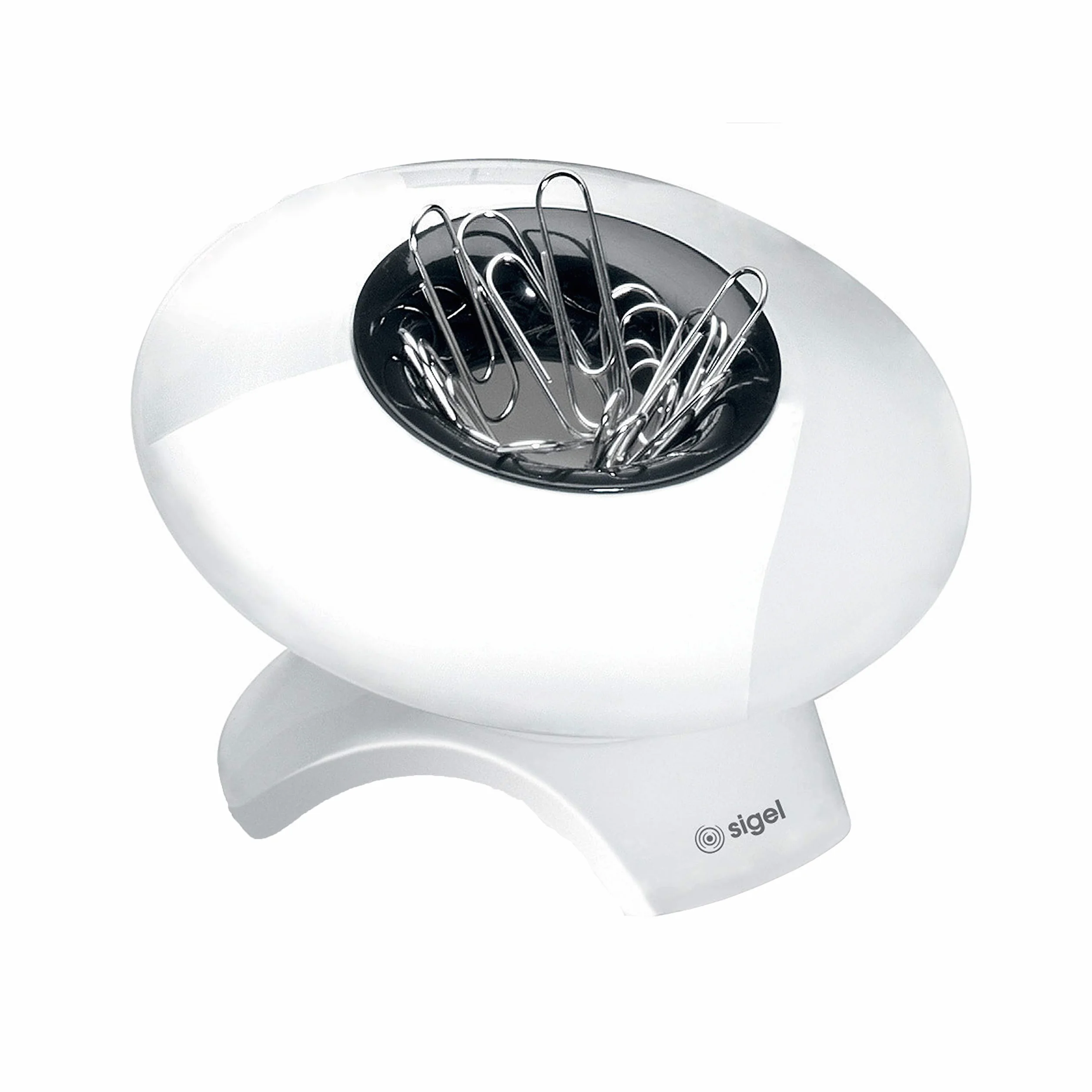 SIGEL SA101 Dispensador de clips de oficina Eyestyle white, blanco/negro, con un magneto central, incluye 50 clips de oficina, 95x55x95 mm