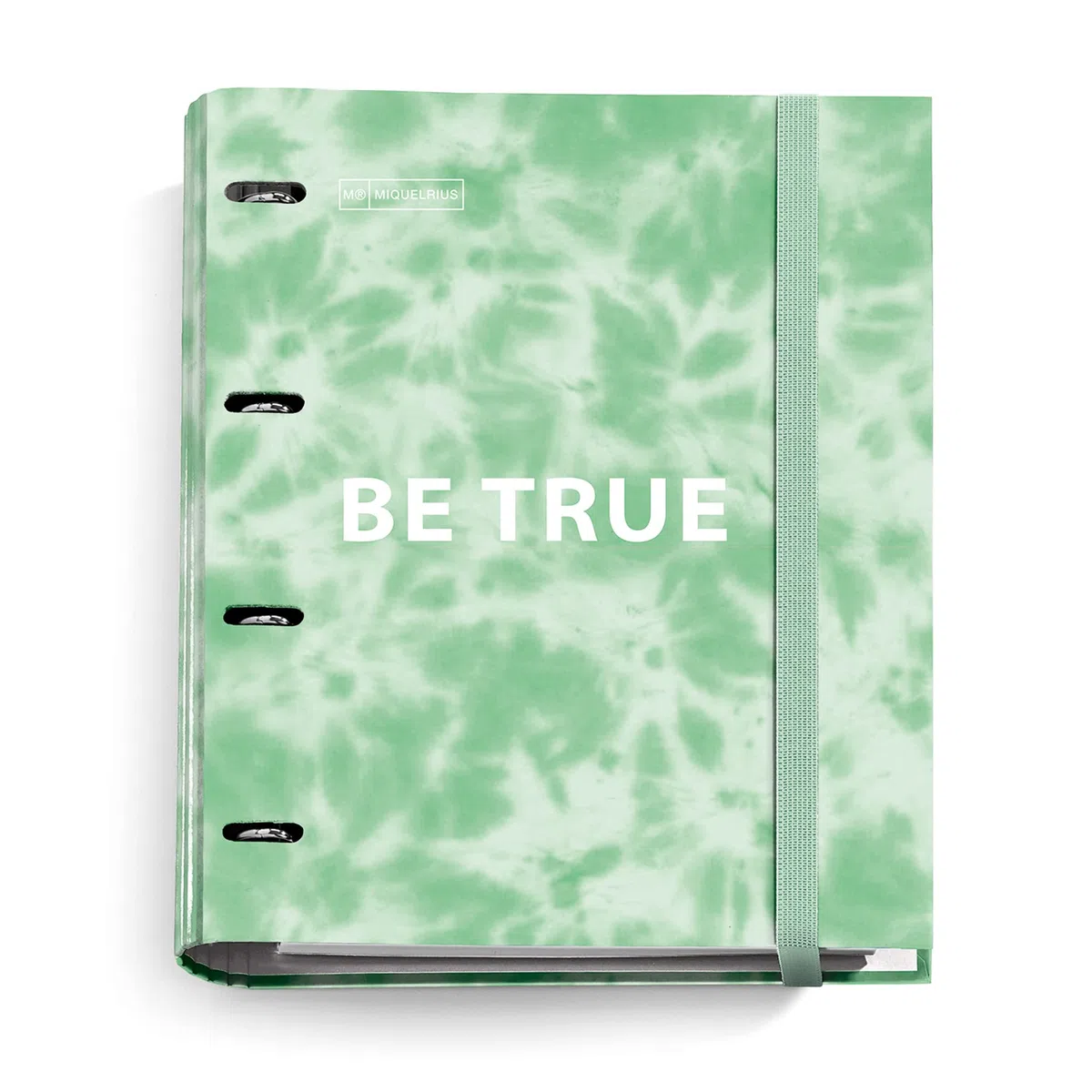 Miquelrius - Carpeblock, Archivador 4 anillas A4, Incluye un recambio de hojas cuadriculadas en 5 colores para organizar, Anillas tipo D, Cierre de goma, Cubiertas rígidas diseño Tie Dye