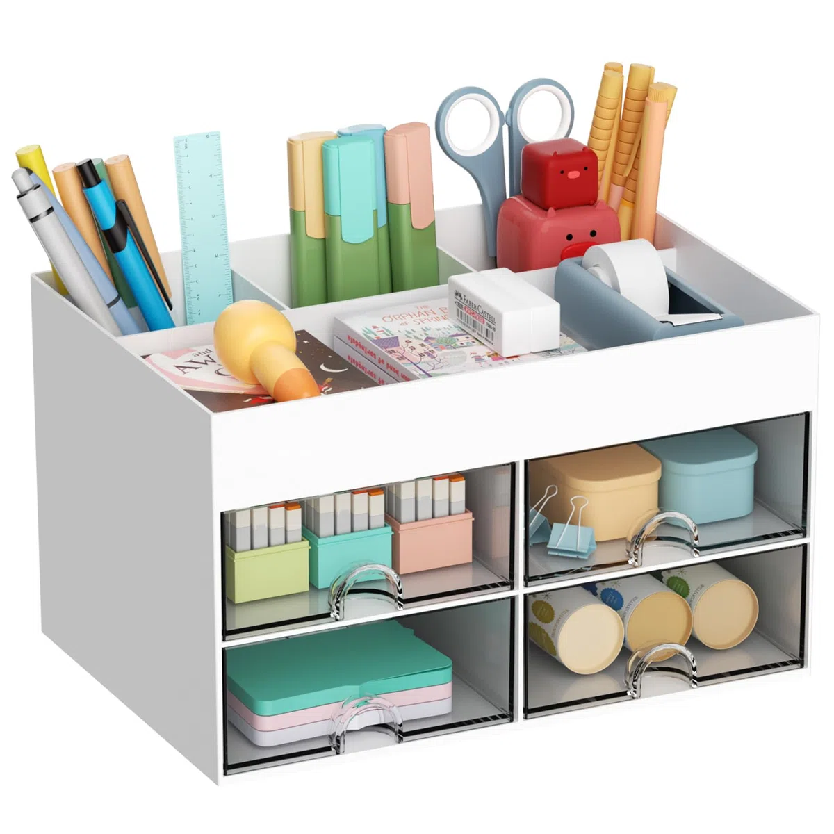 Marbrasse Organizador de Escritorio con Cajones,Portabolígrafos Multifuncional de Escritorio con Compartimentos,Cajones,Organizador de Oficina Escritorio y Accesorios(Blanco)