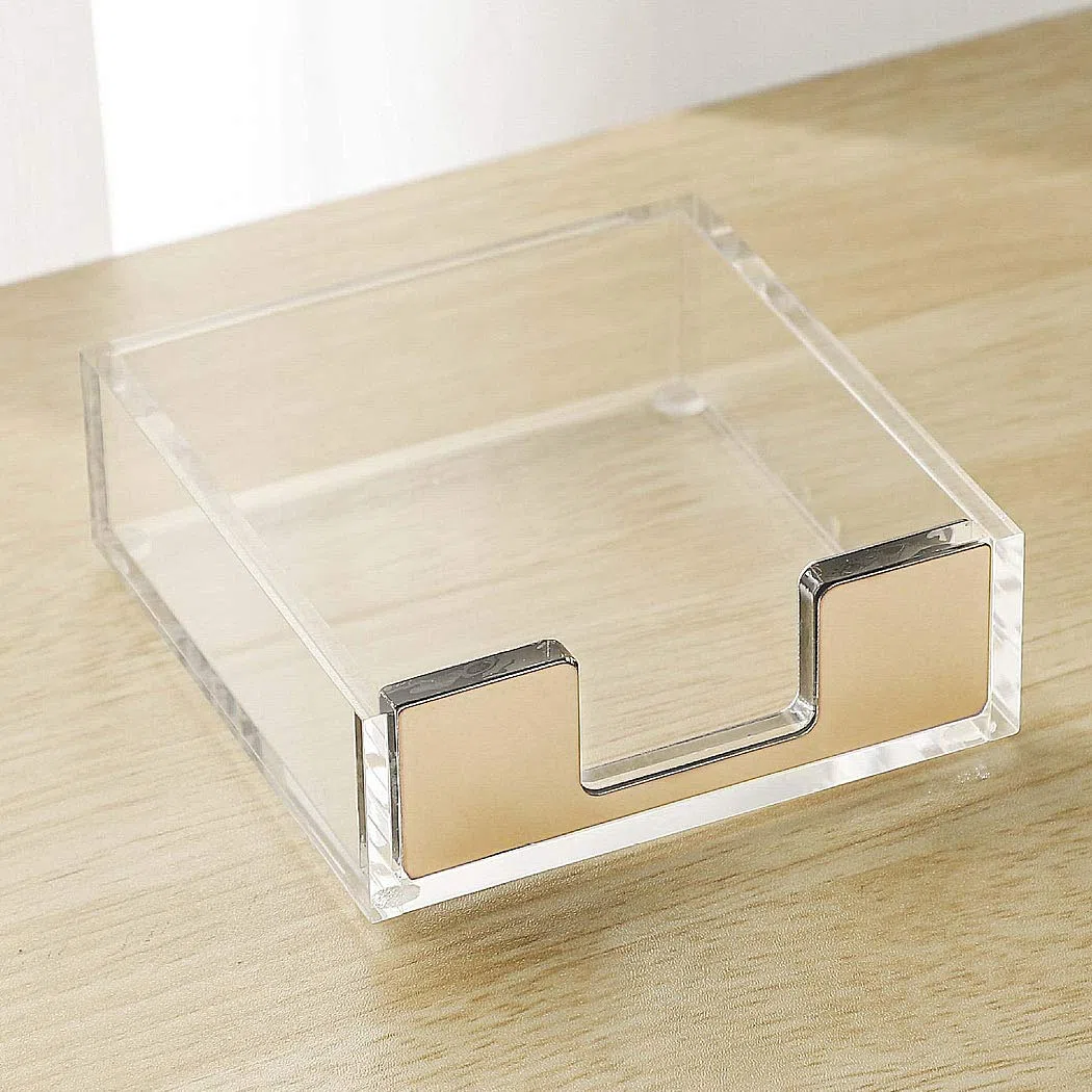Soporte de notas adhesivas de acrílico transparente, dispensador de notas adhesivas, caja de soporte para bloc de notas, dispensador de tarjetas de visita, papelería para oficina, dorado