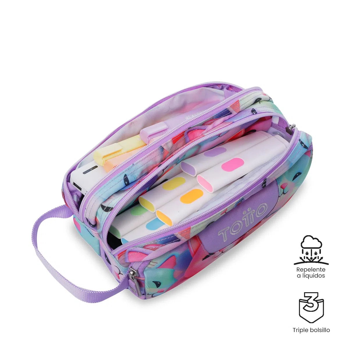 TOTTO - Estuche Escolar 3 Compartimentos, Modelo Agapec, Estuche Grande, Dimensiones 23 x 11.5 x 10.5 cm, Asa Lateral, Tiradores Ergonómicos con PVC, Tejido Resistente, Estampado Mewsy 3D