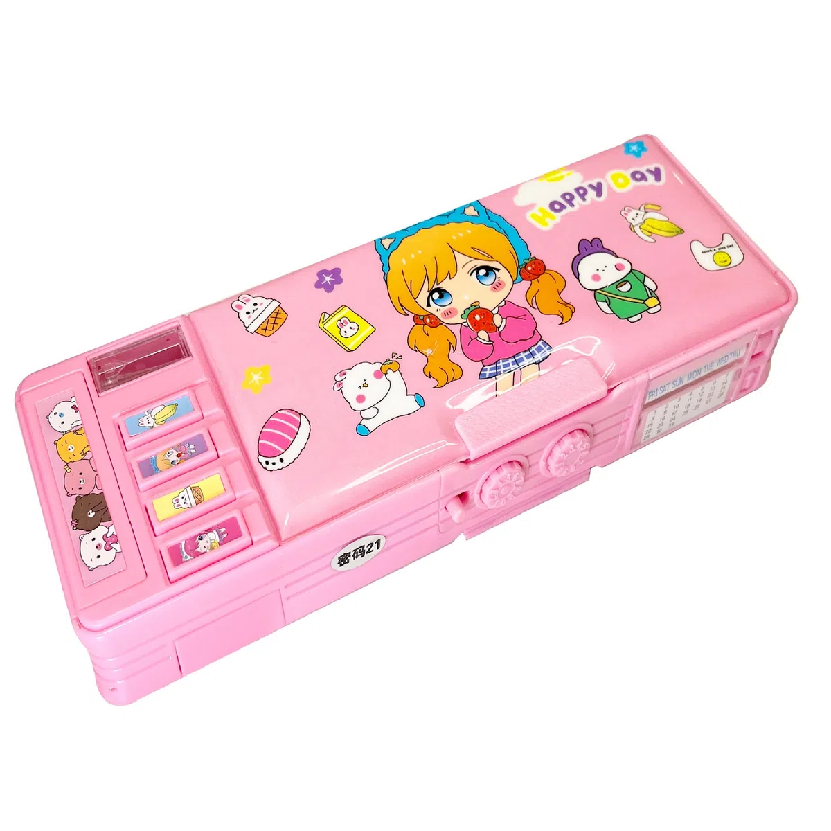 Estuche multifunción desplegable para niñas y niños, bonito organizador de dibujos animados con cerradura, sacapuntas, horario, pizarra blanca, suministros escolares, el mejor regalo para niños y