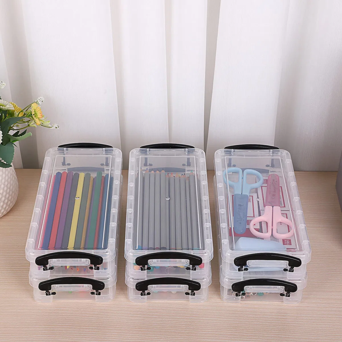 BTSKY Caja de lápices transparente apilable de 6 unidades - Organizadora de almacenamiento de suministros de oficina, contenedor para lápices de pintura y pinceles