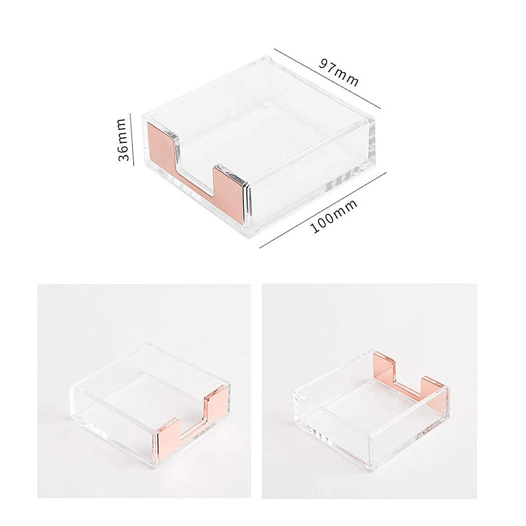 Soporte de notas adhesivas de acrílico transparente, dispensador de notas adhesivas, caja de soporte para bloc de notas, dispensador de tarjetas de visita, papelería para oficina, dorado