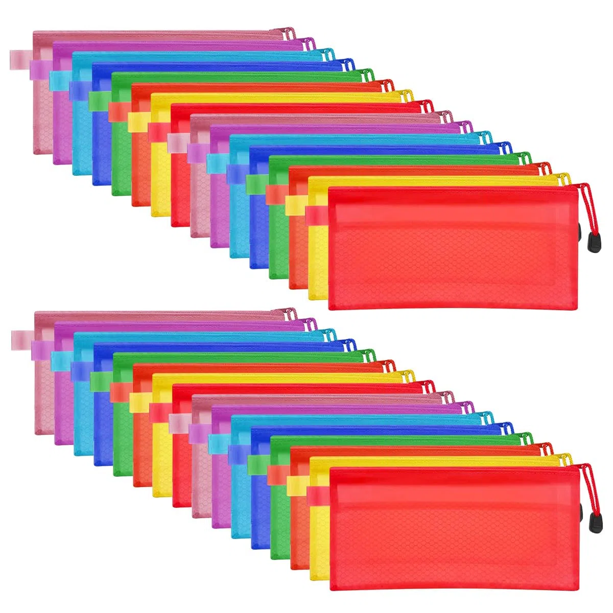 FOCCTS Juego de 32 estuches impermeables de PVC para lápices A6 (23,5 x 11,5 cm) - Multicolor, bolsas de archivos de doble capa con cremallera para oficina, escuela, viajes y cosméticos