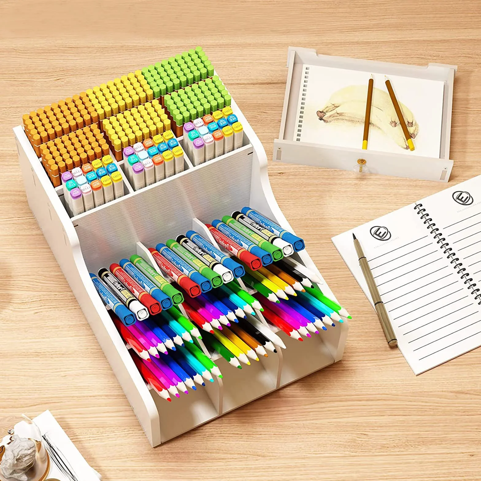 Mnkyer Organizador de Escritorio de Madera Papelería Multifuncional Caja de Soporte de Bolígrafo para Oficina en Casa Rack de Almacenamiento de útiles Escolares con Cajón Blanco-b16
